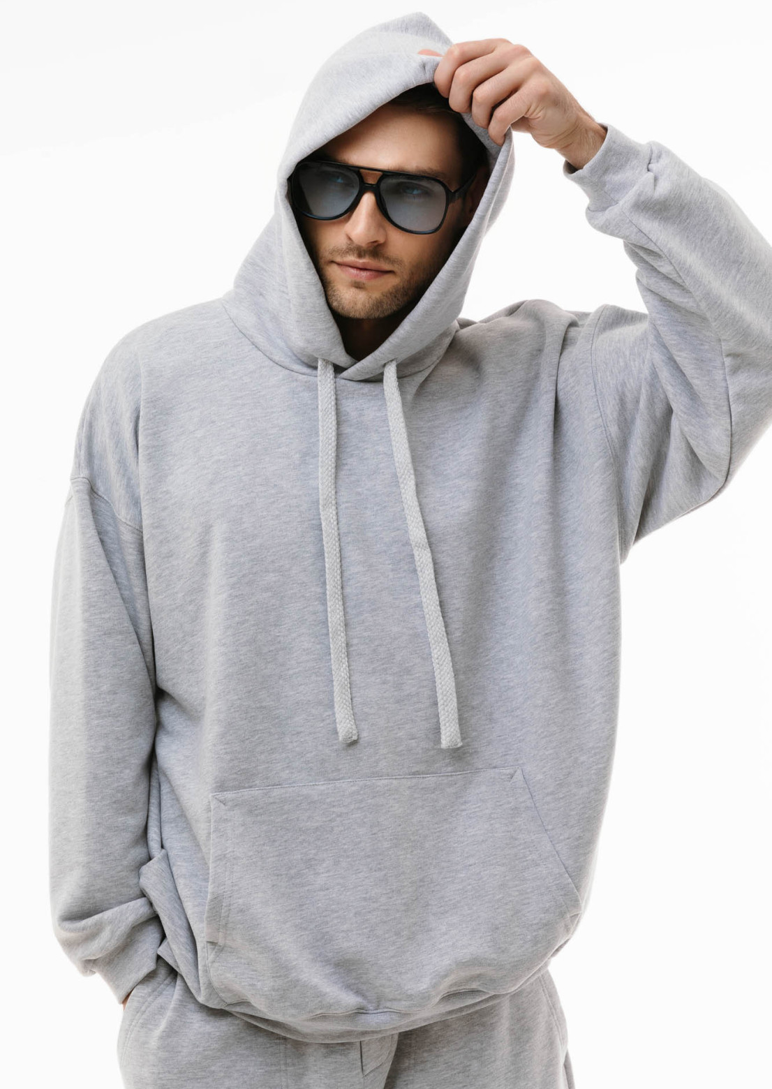 Grey melange color men three-thread hoodie